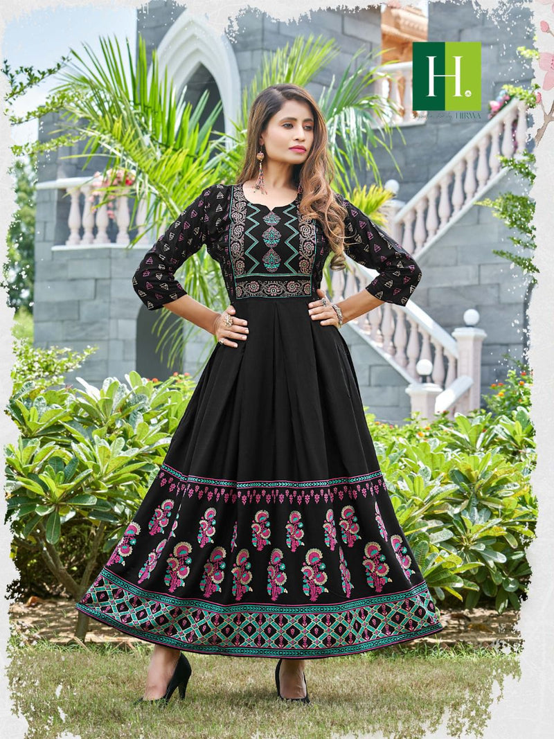 Hirwa Suncity Rayon With Fancy Work Stylish Designer Casual Wear Fancy Long Gown