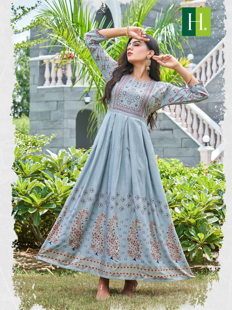 Hirwa Suncity Rayon With Fancy Work Stylish Designer Casual Wear Fancy Long Gown