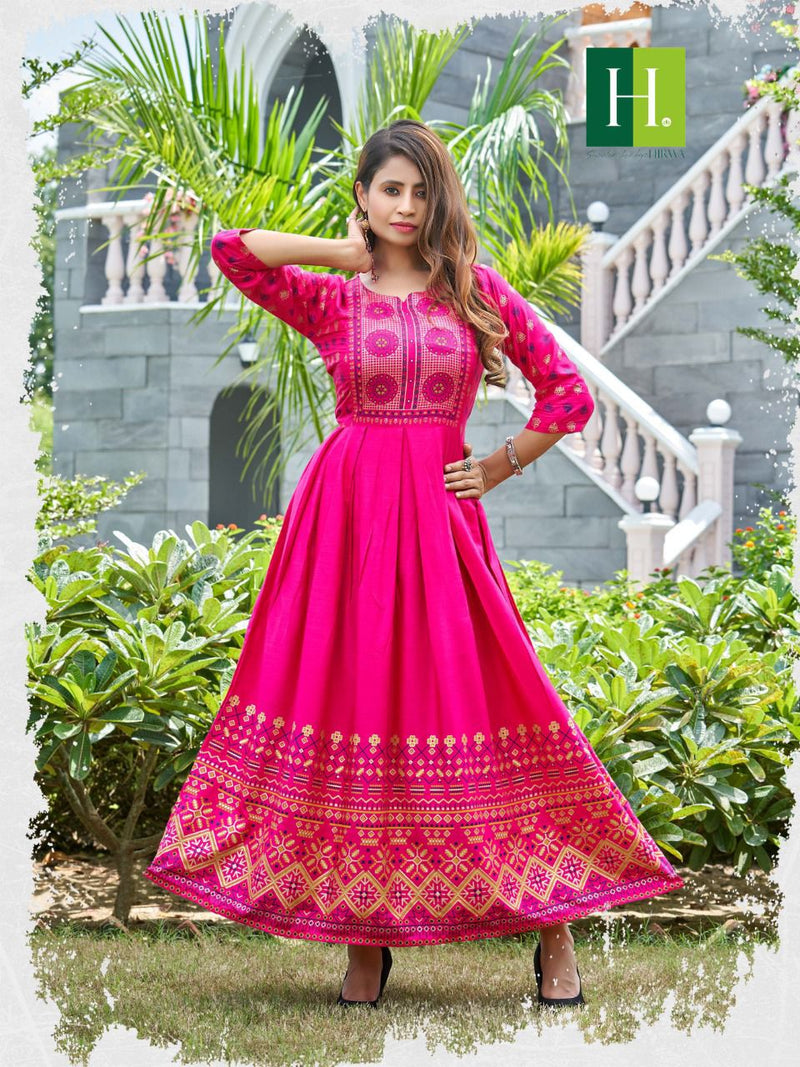 Hirwa Suncity Rayon With Fancy Work Stylish Designer Casual Wear Fancy Long Gown