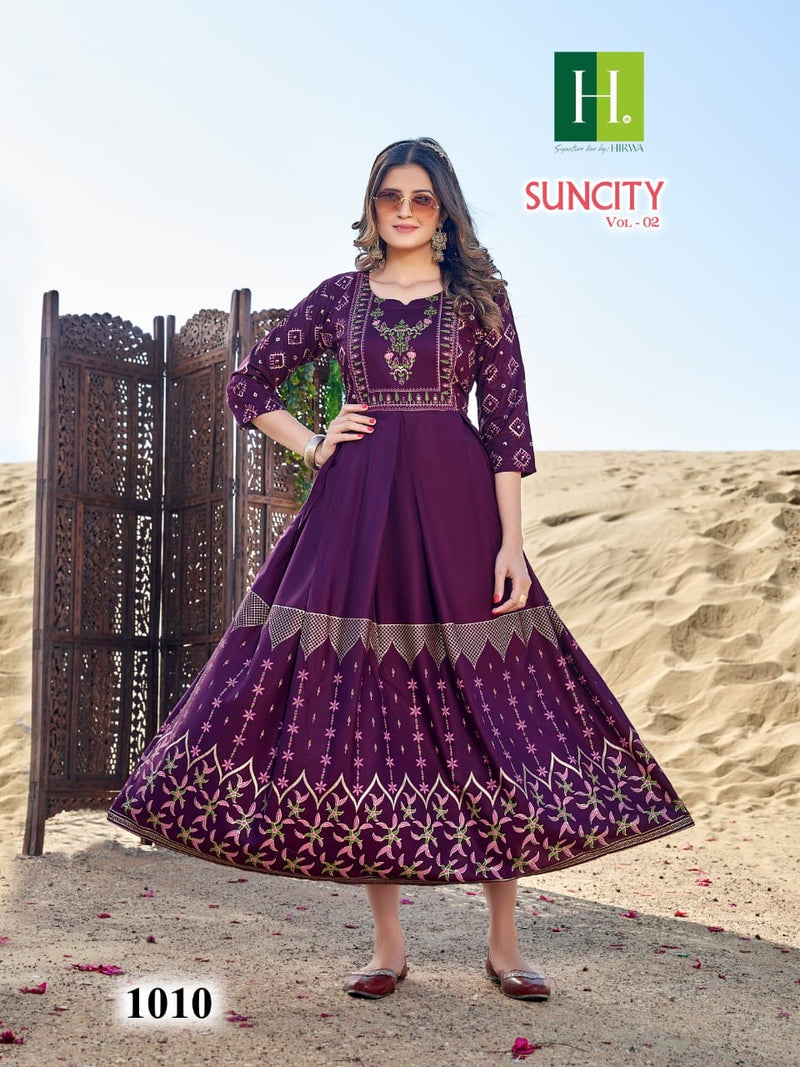 Hirwa Suncity Vol 2 Rayon Foil Printed Fancy Designer Partywear Kurti