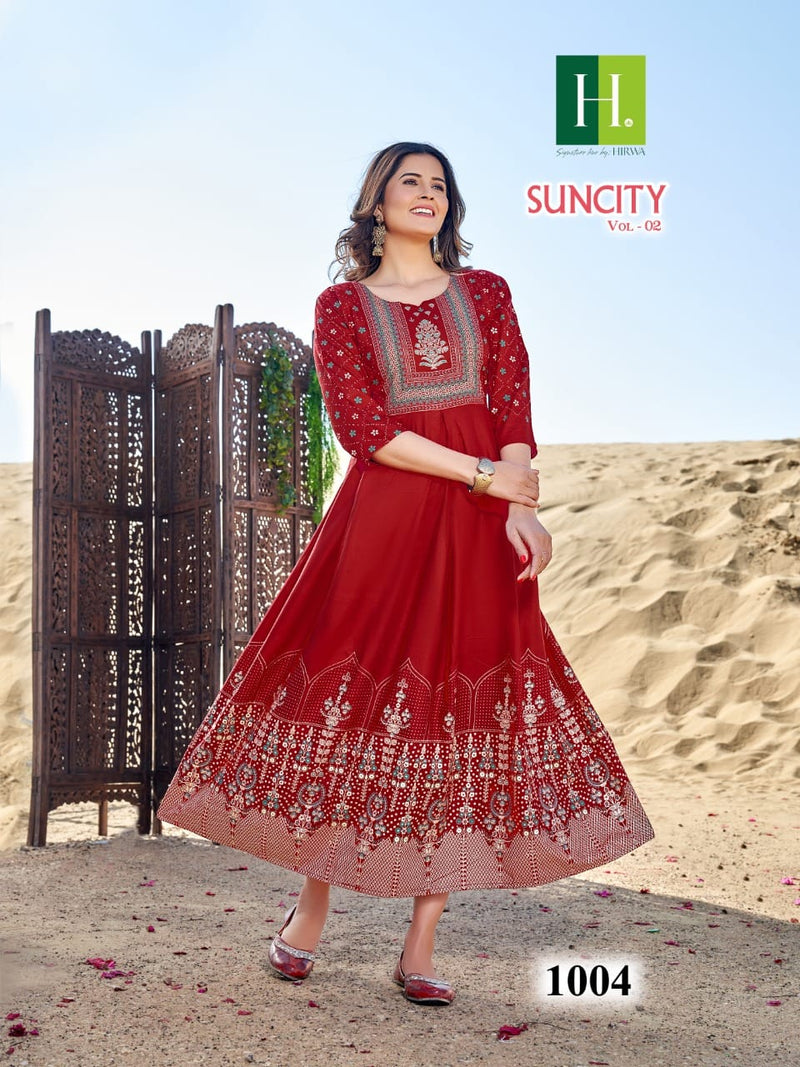 Hirwa Suncity Vol 2 Rayon Foil Printed Fancy Designer Partywear Kurti