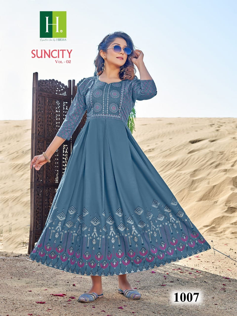 Hirwa Suncity Vol 2 Rayon Foil Printed Fancy Designer Partywear Kurti