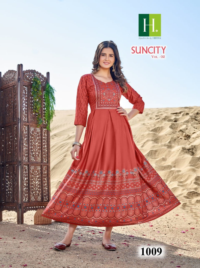 Hirwa Suncity Vol 2 Rayon Foil Printed Fancy Designer Partywear Kurti
