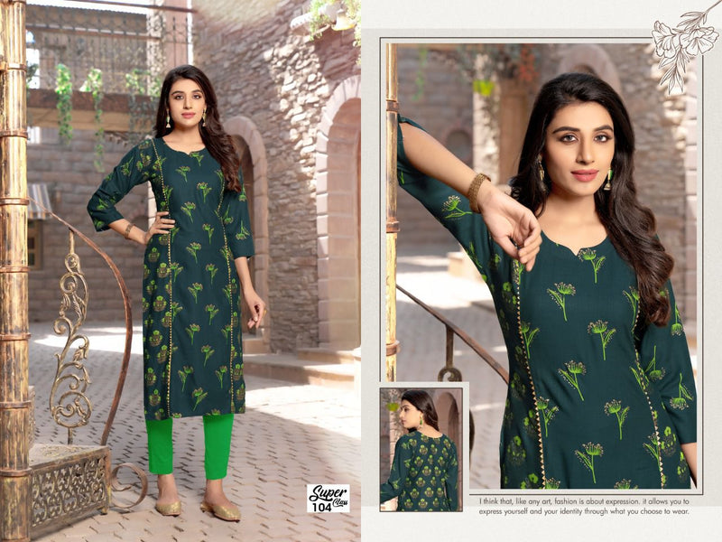 Golden Super Class Rayon Foil Print With Straight Cut Casual Wear Kurtis