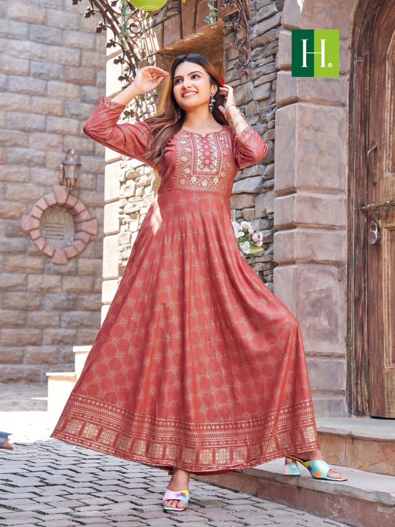 Hirwa Surili Rayon With Heavy Beautiful Work Stylish Designer Fancy Long Gown