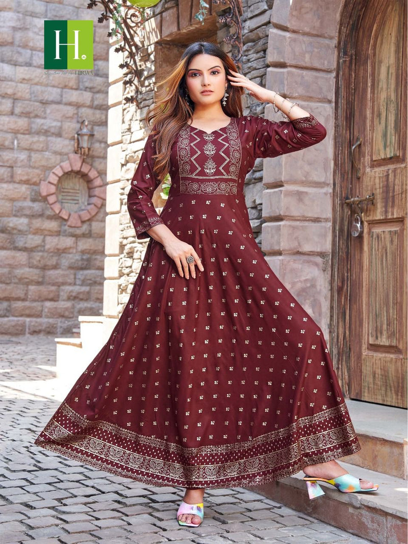 Hirwa Surili Rayon With Heavy Beautiful Work Stylish Designer Fancy Long Gown
