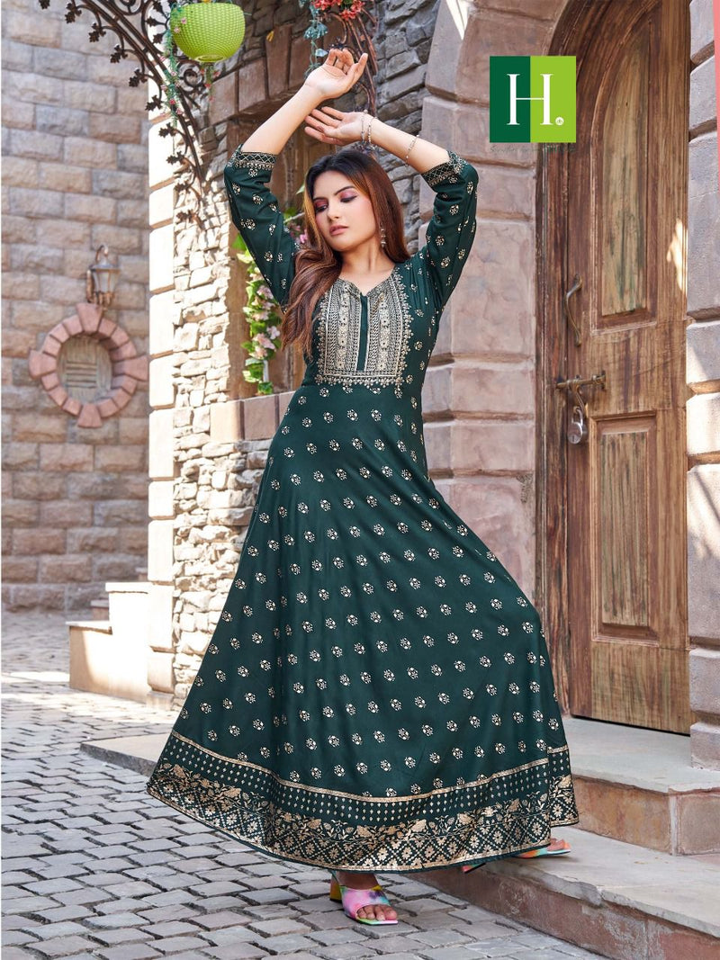 Hirwa Surili Rayon With Heavy Beautiful Work Stylish Designer Fancy Long Gown