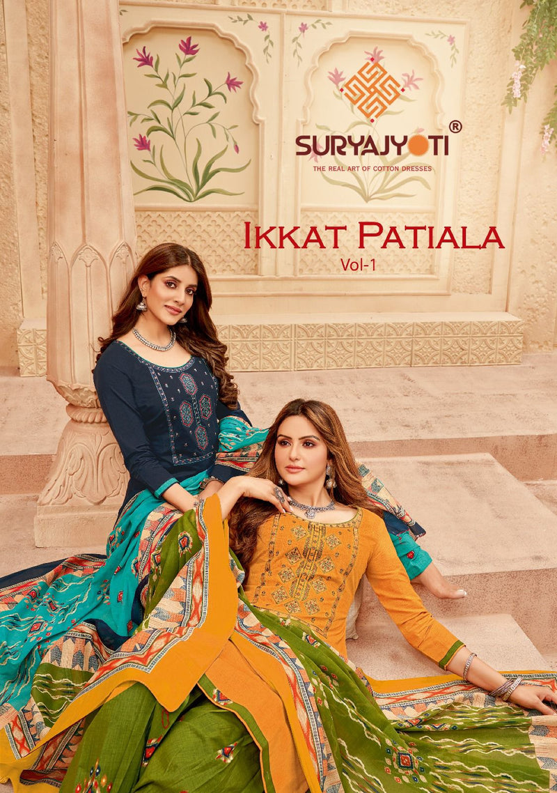 Suryajyoti Ikkat Patiala Vol 1 Cotton Print Neck Embroidery Swarovski Work Printed Designer Salwar Kameez