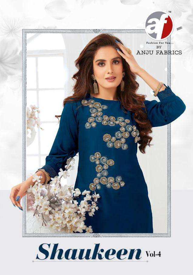 Shaukeen Vol 4 By Anju Fab Bemberg Silk With Neck Work Casual Wear Fancy Readymade Kurtis