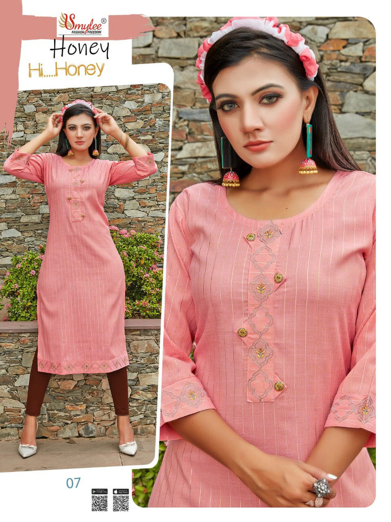 Smyee Fashion Honey Lurex Linning Rayon with Embroidery Work Kurti