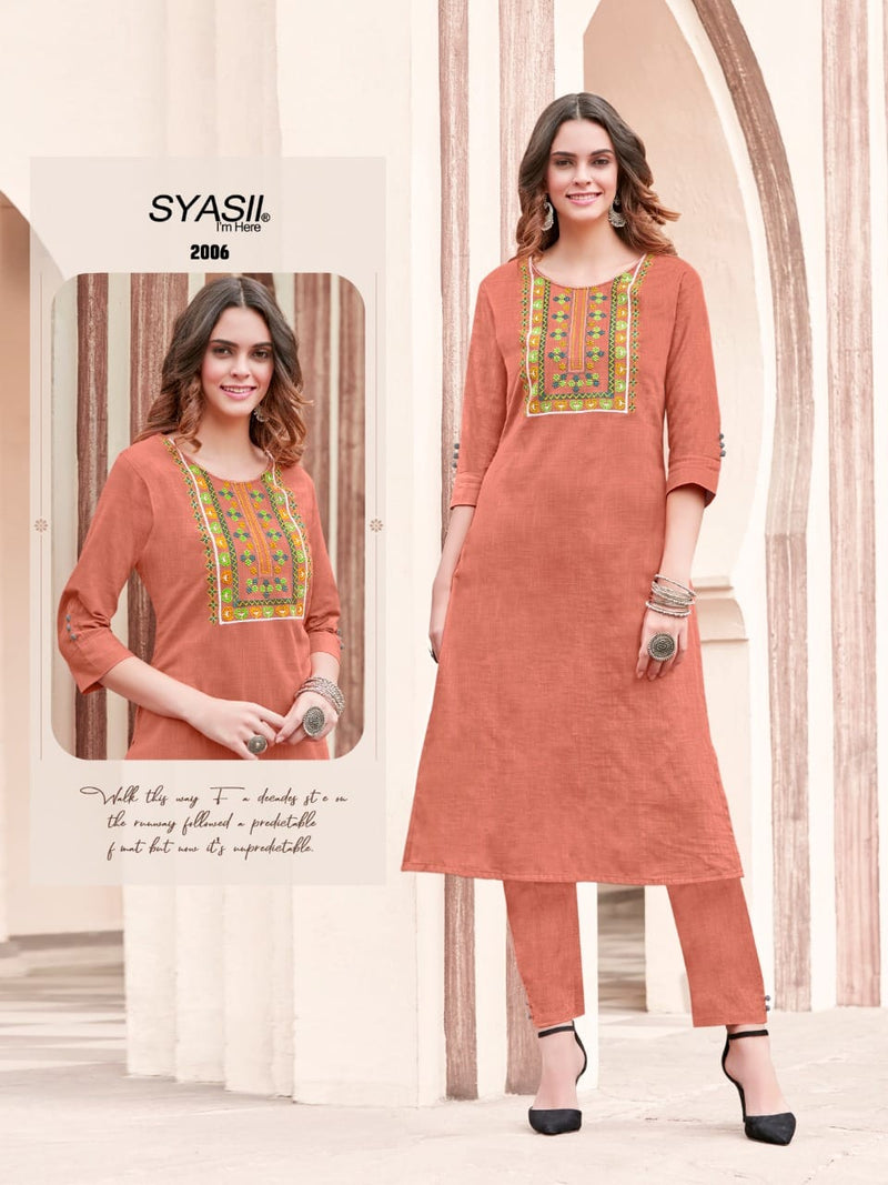 Syasii Designer Fashion Pure Vol 2 Cotton Slub With Embroidery Work Regular Wear Fancy Kurtis