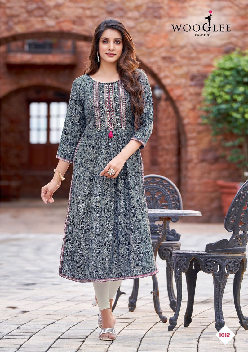 Wooglee Tanisha Rayon Print Naira Cut Printed Designer Kurti