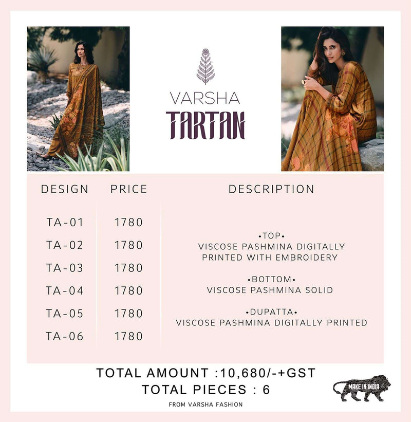 Varsha Tartan Pashmina Fancy Printed embroidery Work Stylish Designer Casual Wear Look Salwar Kameez