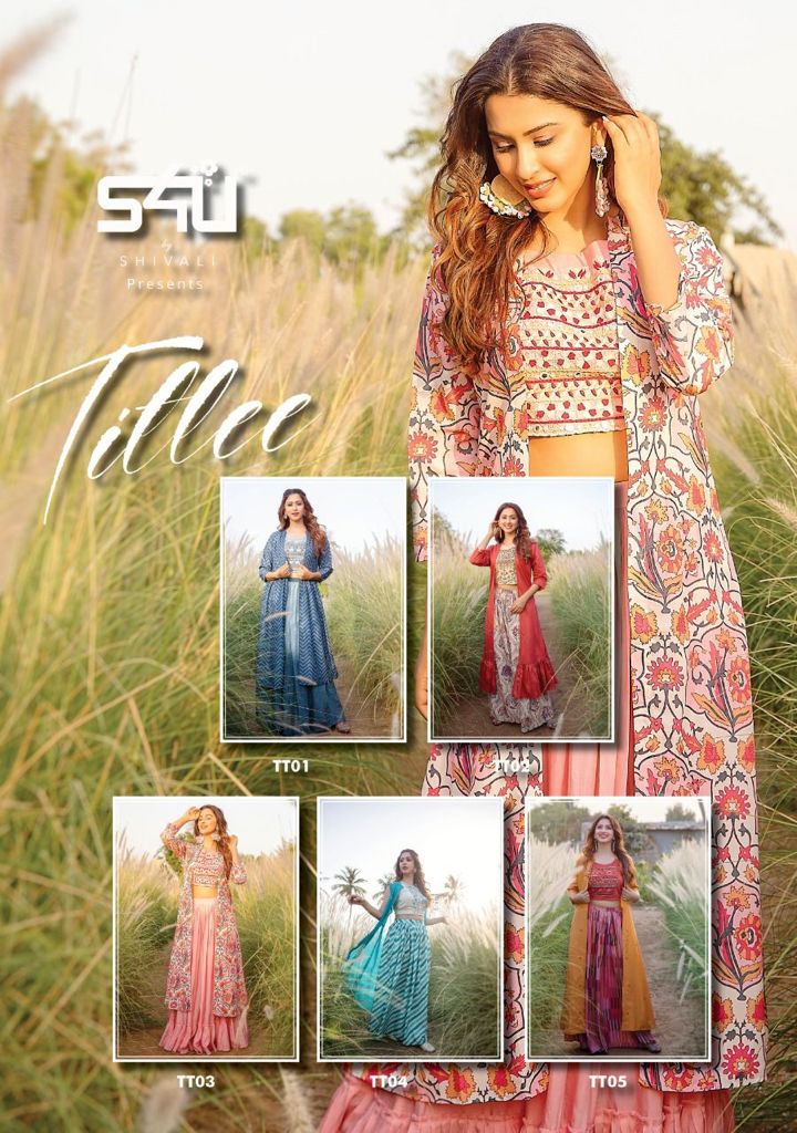 S4u Shivali Titlee Muslin Fancy Party Wear  Kurtis With Crop Top Style , Skirt & Jacket