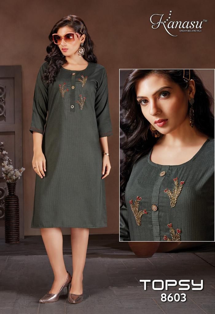 Kanasu Kurti Topsy Viscose Lining Straight Party Wear Kurtis With Hand Work