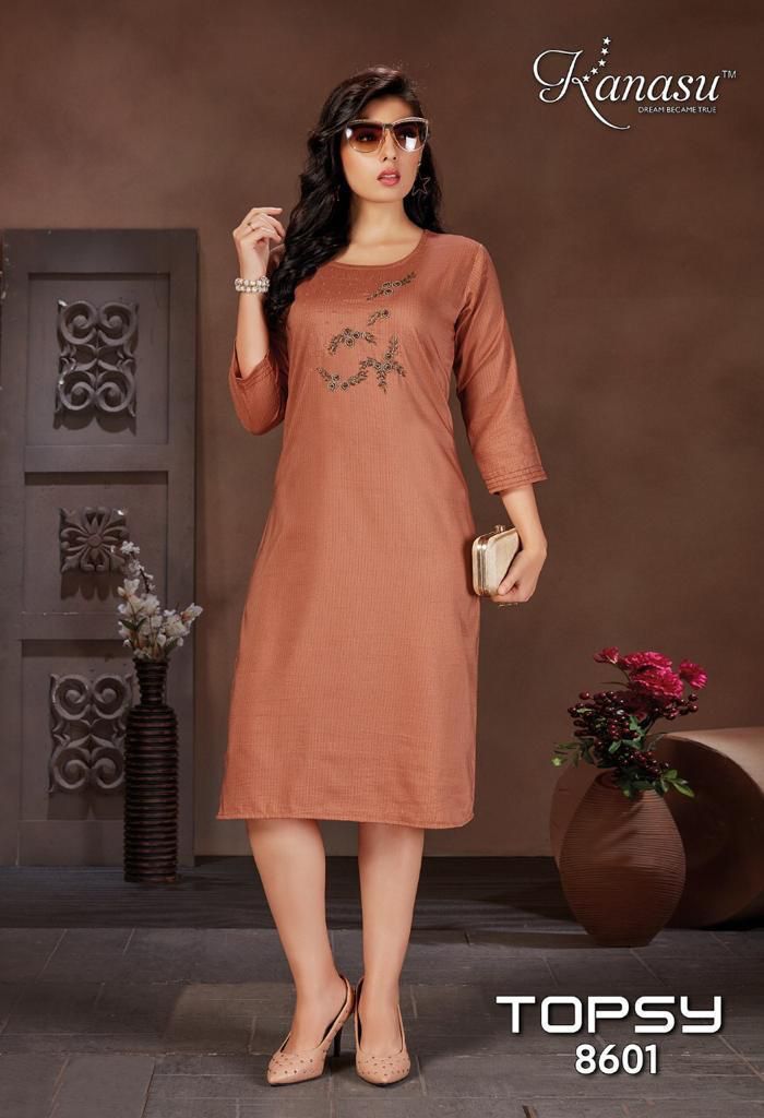 Kanasu Kurti Topsy Viscose Lining Straight Party Wear Kurtis With Hand Work