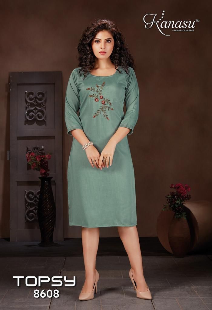 Kanasu Kurti Topsy Viscose Lining Straight Party Wear Kurtis With Hand Work