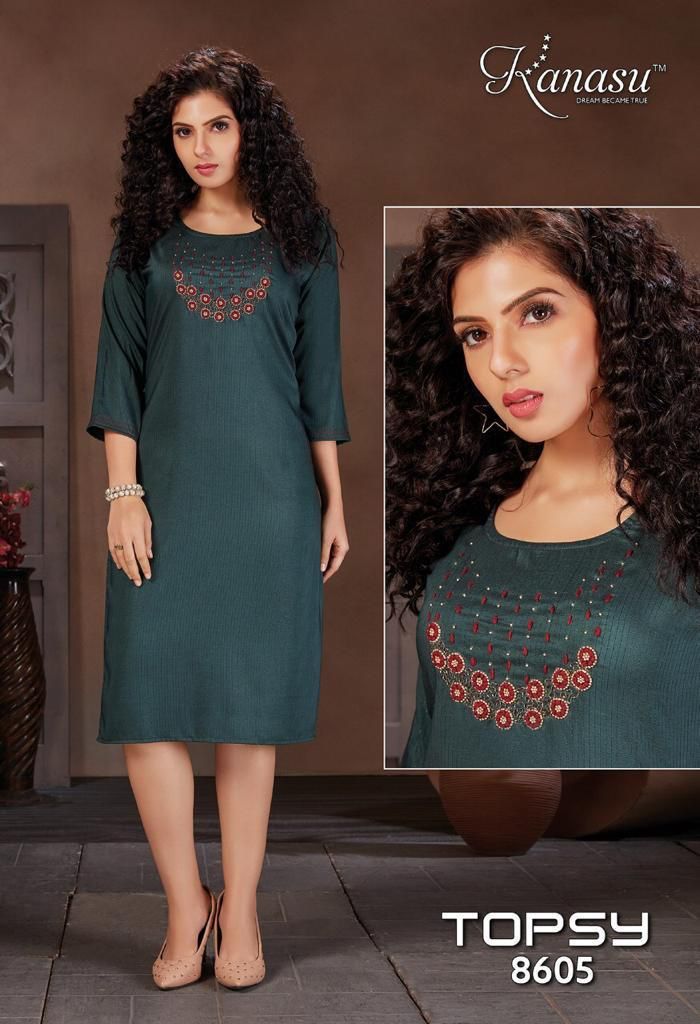 Kanasu Kurti Topsy Viscose Lining Straight Party Wear Kurtis With Hand Work