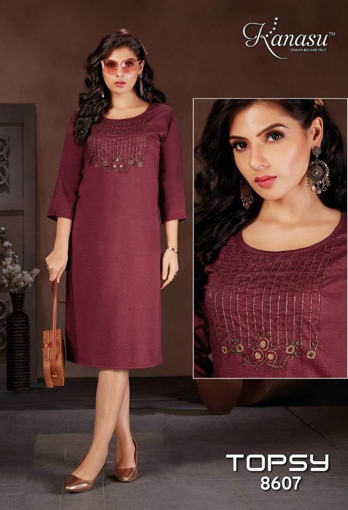 Kanasu Kurti Topsy Viscose Lining Straight Party Wear Kurtis With Hand Work