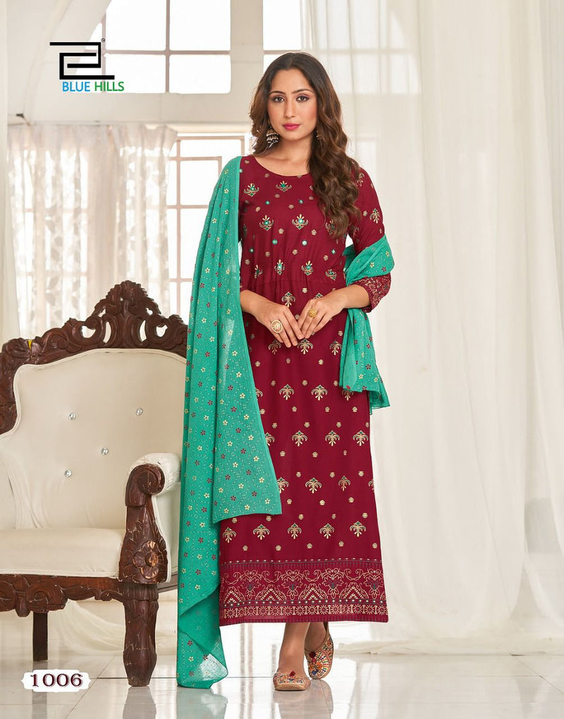 Blue Hills Traditional Vol 1 Rayon Fancy Designer Party Wear Kurtis With Dupatta