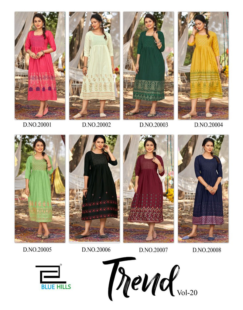 Blue Hills Trend Vol 2 Rayon Stylish Fancy Festive Wear Kurtis With Golden Foil Print