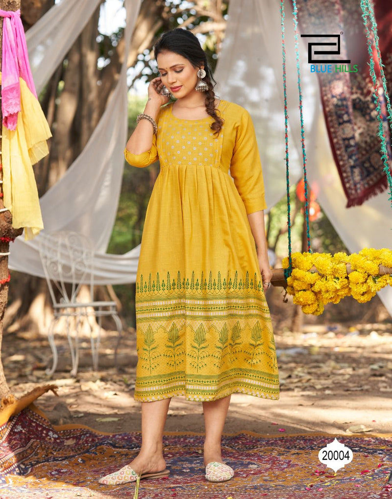Blue Hills Trend Vol 2 Rayon Stylish Fancy Festive Wear Kurtis With Golden Foil Print