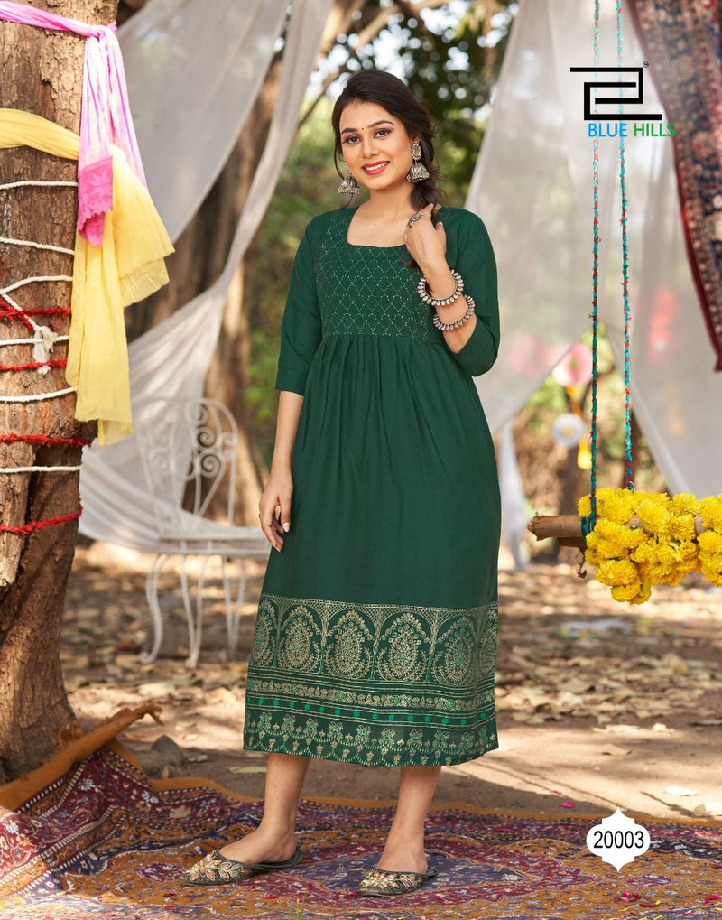 Blue Hills Trend Vol 2 Rayon Stylish Fancy Festive Wear Kurtis With Golden Foil Print
