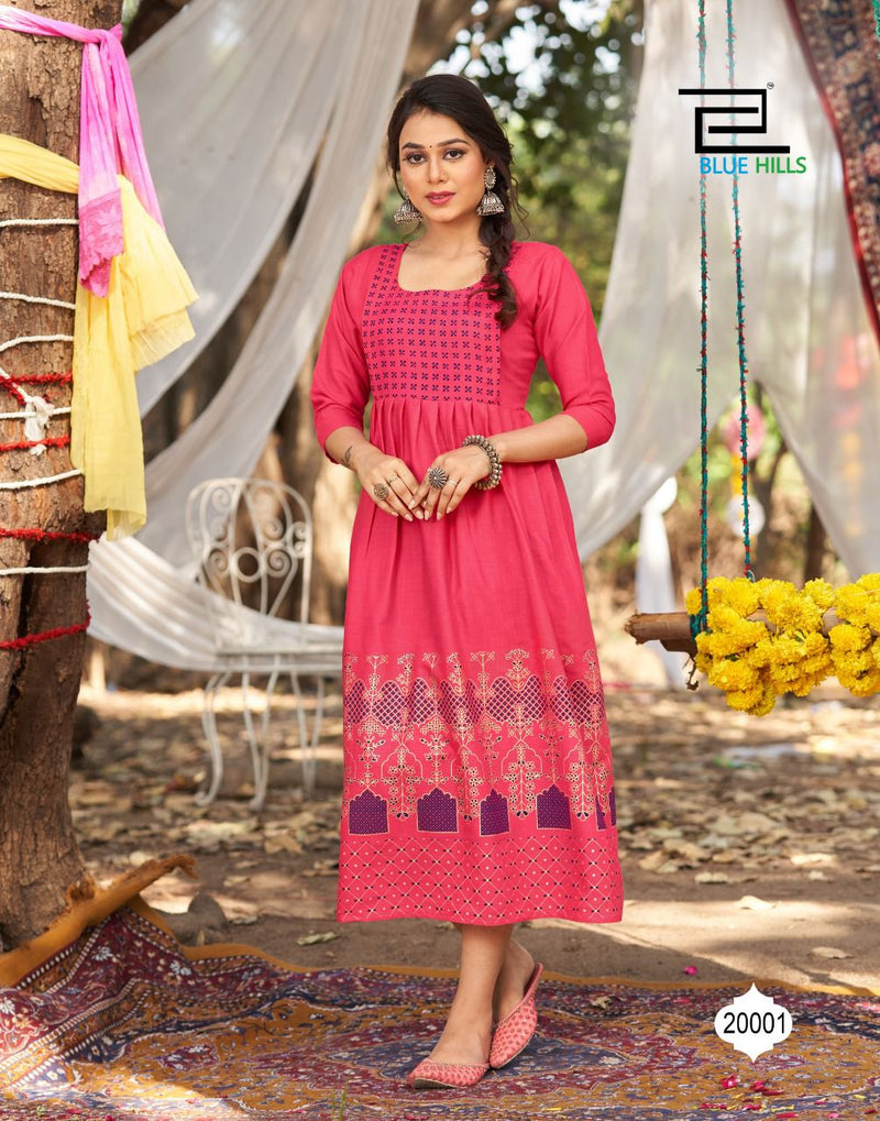 Blue Hills Trend Vol 2 Rayon Stylish Fancy Festive Wear Kurtis With Golden Foil Print