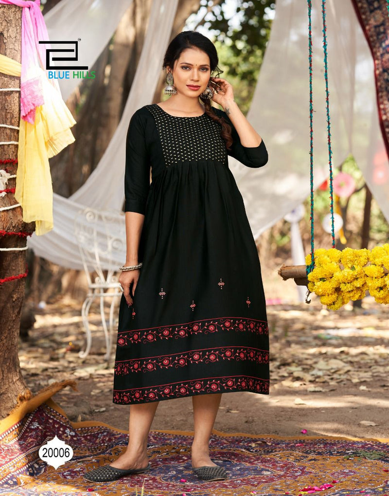 Blue Hills Trend Vol 2 Rayon Stylish Fancy Festive Wear Kurtis With Golden Foil Print