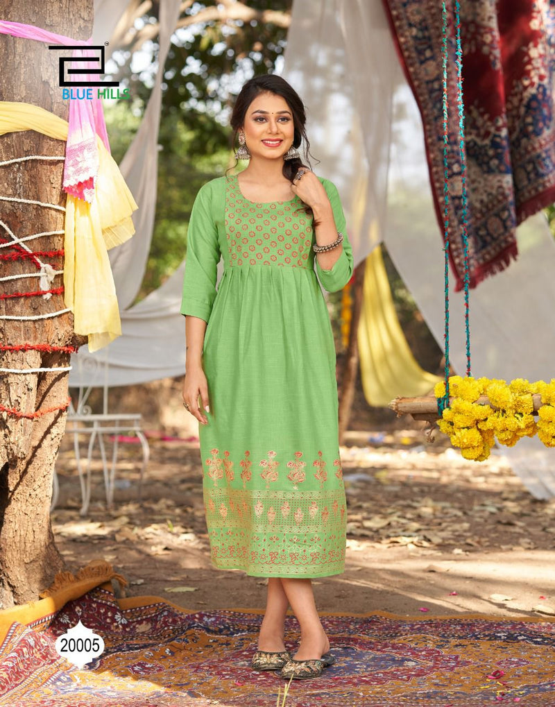 Blue Hills Trend Vol 2 Rayon Stylish Fancy Festive Wear Kurtis With Golden Foil Print