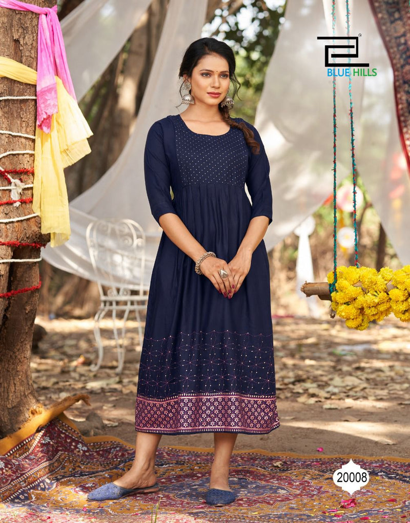 Blue Hills Trend Vol 2 Rayon Stylish Fancy Festive Wear Kurtis With Golden Foil Print
