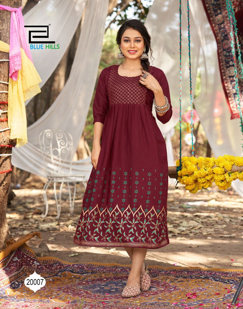 Blue Hills Trend Vol 2 Rayon Stylish Fancy Festive Wear Kurtis With Golden Foil Print