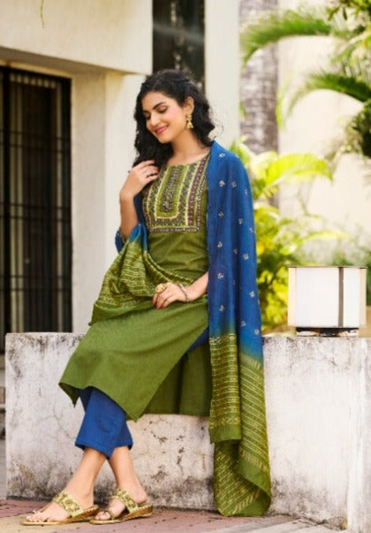 100 Miles Tripti Cotton Fancy Embroidered Party Wear Kurtis With Set Of Bottom & Dupatta