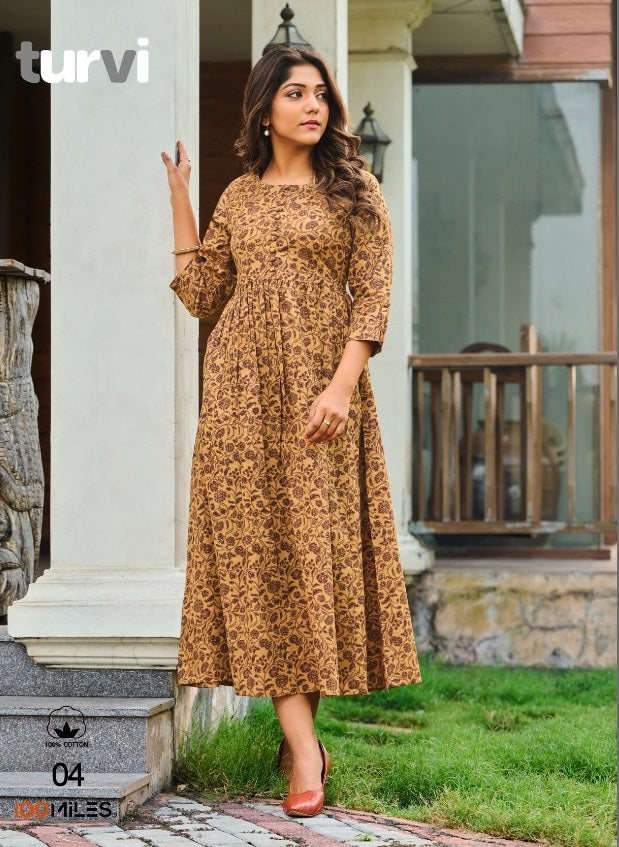 100 Miles Turvi Cotton Printed Fancy Gown Style  Fancy Party Wear Long Style Kurtis