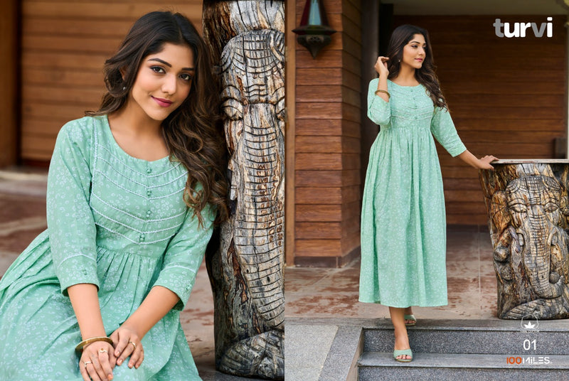 100 Miles Turvi Cotton Printed Fancy Gown Style  Fancy Party Wear Long Style Kurtis
