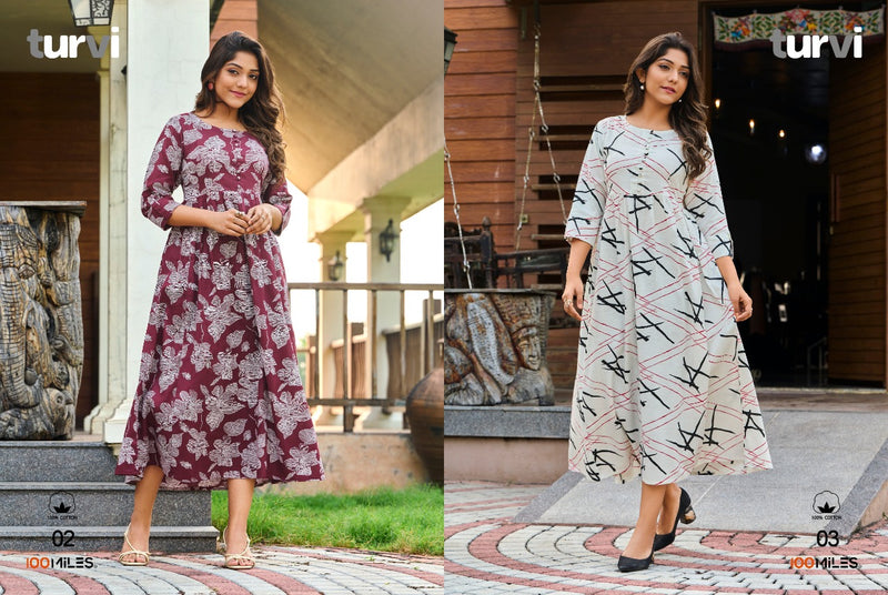 100 Miles Turvi Cotton Printed Fancy Gown Style  Fancy Party Wear Long Style Kurtis