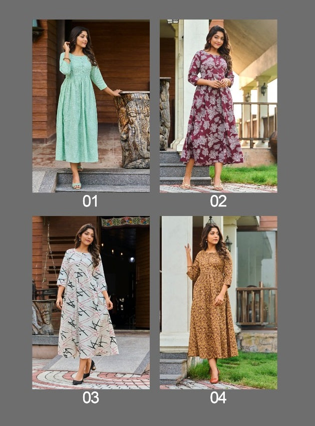 100 Miles Turvi Cotton Printed Fancy Gown Style  Fancy Party Wear Long Style Kurtis