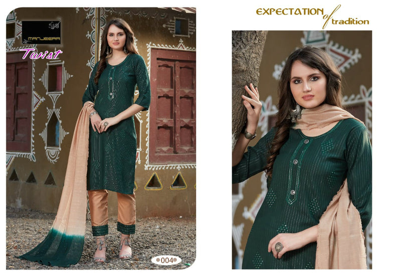 Manjeera Fashion Twist Rayon Golden Linning Print Fancy Festive Wear Kurtis With Bottom & Dupatta