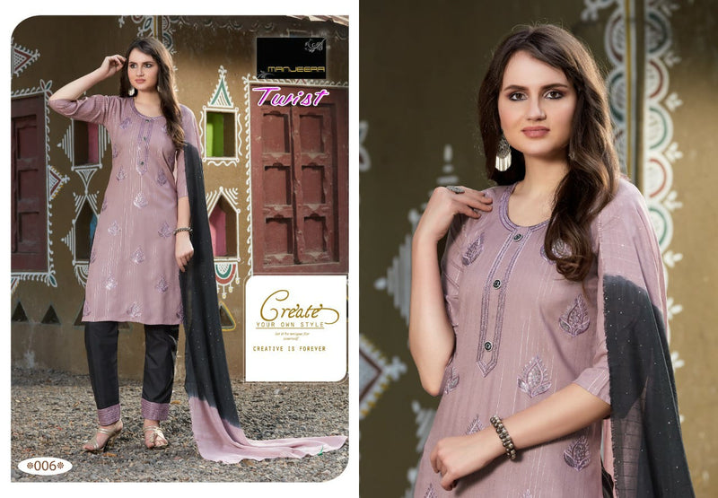 Manjeera Fashion Twist Rayon Golden Linning Print Fancy Festive Wear Kurtis With Bottom & Dupatta