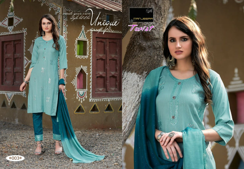 Manjeera Fashion Twist Rayon Golden Linning Print Fancy Festive Wear Kurtis With Bottom & Dupatta