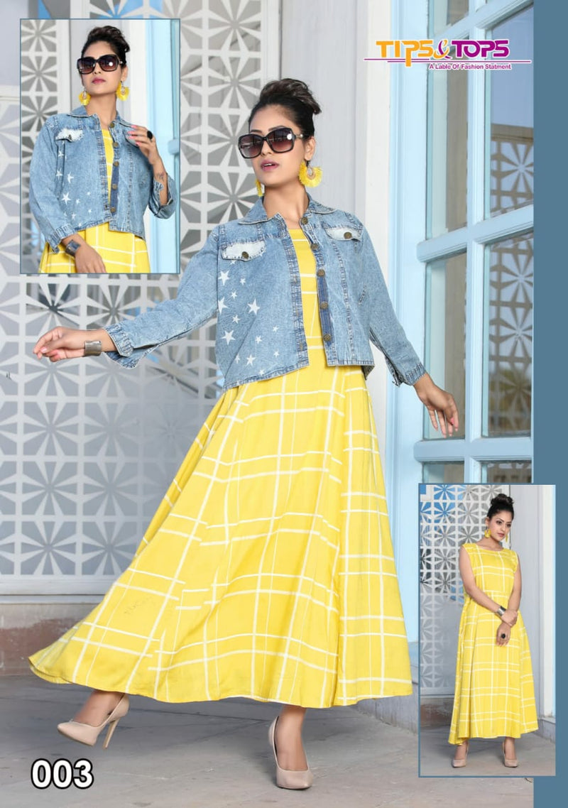 Tips And Tops Launch Mantra Vol 3 Rayon Slub Exclusive Printed Designer Long Gown Type Kurti With Jacket