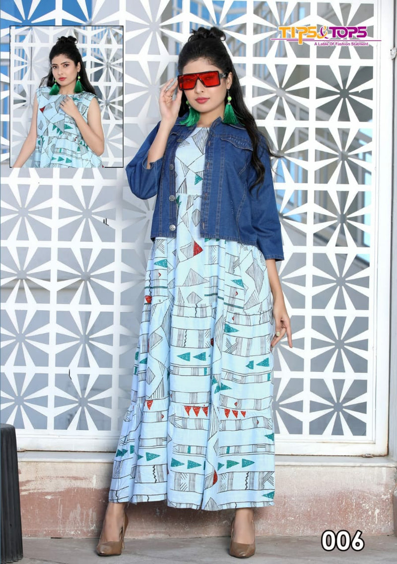 Tips And Tops Launch Mantra Vol 3 Rayon Slub Exclusive Printed Designer Long Gown Type Kurti With Jacket