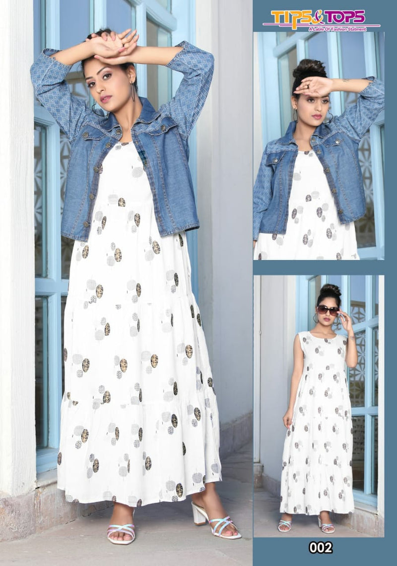 Tips And Tops Launch Mantra Vol 3 Rayon Slub Exclusive Printed Designer Long Gown Type Kurti With Jacket