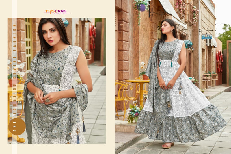 Tips And Tops Launch Mimi Rayon Slub Print With Long Gown Type Printed Exclusive Kurti With Dupatta