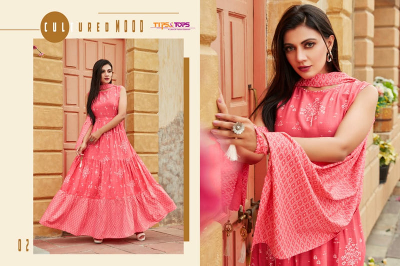 Tips And Tops Launch Mimi Rayon Slub Print With Long Gown Type Printed Exclusive Kurti With Dupatta