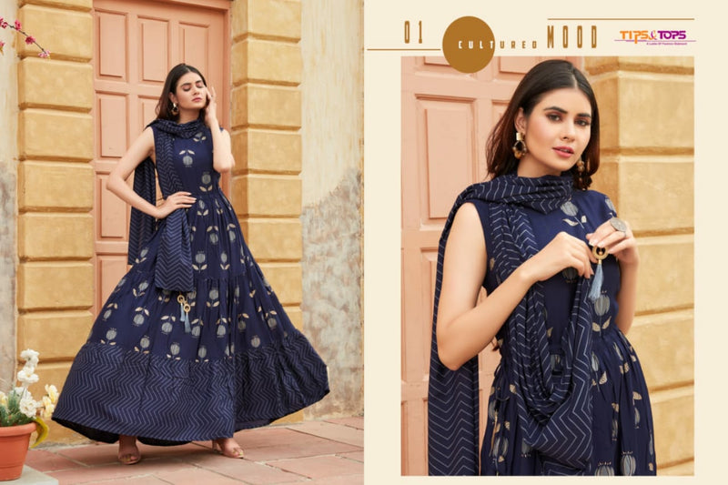 Tips And Tops Launch Mimi Rayon Slub Print With Long Gown Type Printed Exclusive Kurti With Dupatta