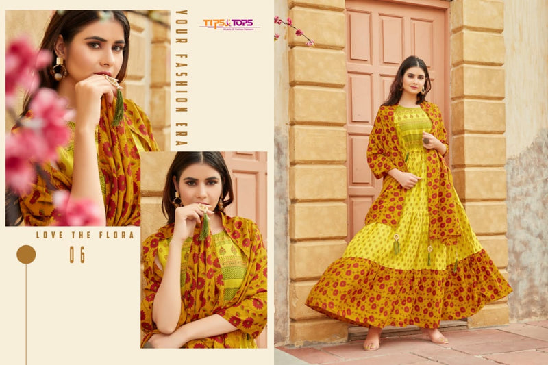 Tips And Tops Launch Mimi Rayon Slub Print With Long Gown Type Printed Exclusive Kurti With Dupatta