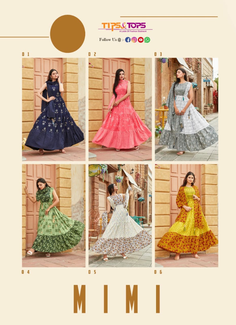 Tips And Tops Launch Mimi Rayon Slub Print With Long Gown Type Printed Exclusive Kurti With Dupatta