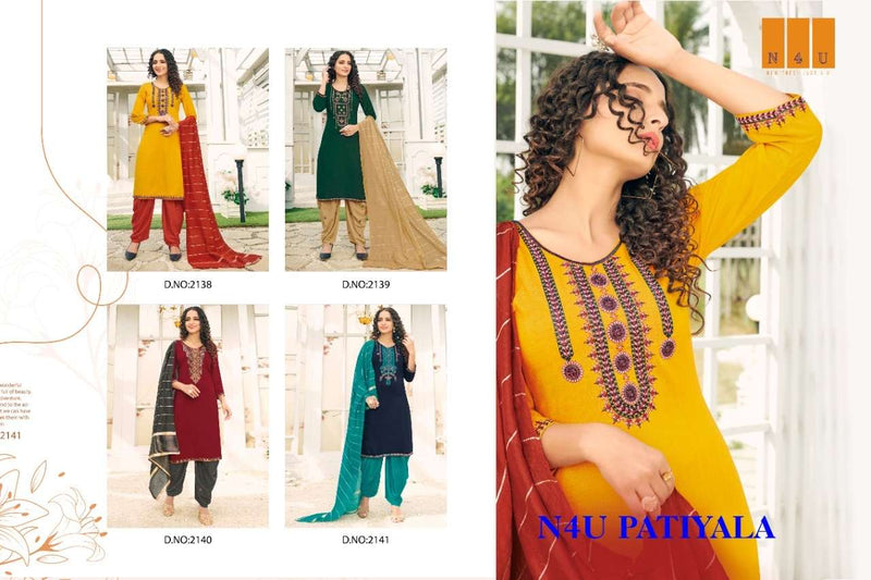 Tunic House N4u Patiyala Viscose Rayon Slub With Heavy Embroidery Work Suit
