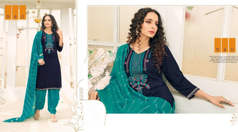 Tunic House N4u Patiyala Viscose Rayon Slub With Heavy Embroidery Work Suit